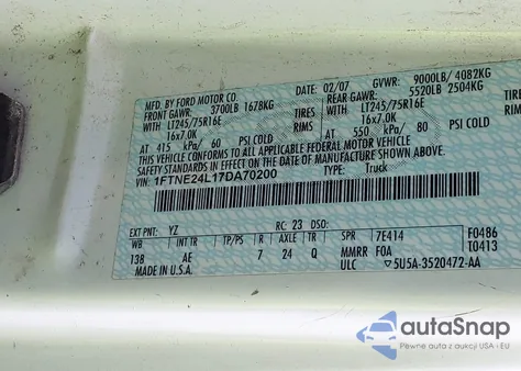 2007 Ford E-250 Commercial/Recreational из США, поврежденный, VIN 1FTNE24L17DA70200